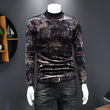 

Men's Long Sleeve T-shirt Black Solid Color Velvet T Shirt Men 2020 New T Shirt Homme Autumn Winter Black Thickened Turtleneck