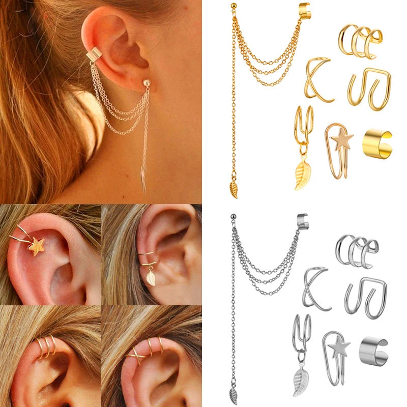 KSRA 12pcs/set 2020 Fashion Gold Color Ear Cuffs Leaf Earrings Women Climbers No Piercing Fake Cartilage Stud Earring Jewelry
