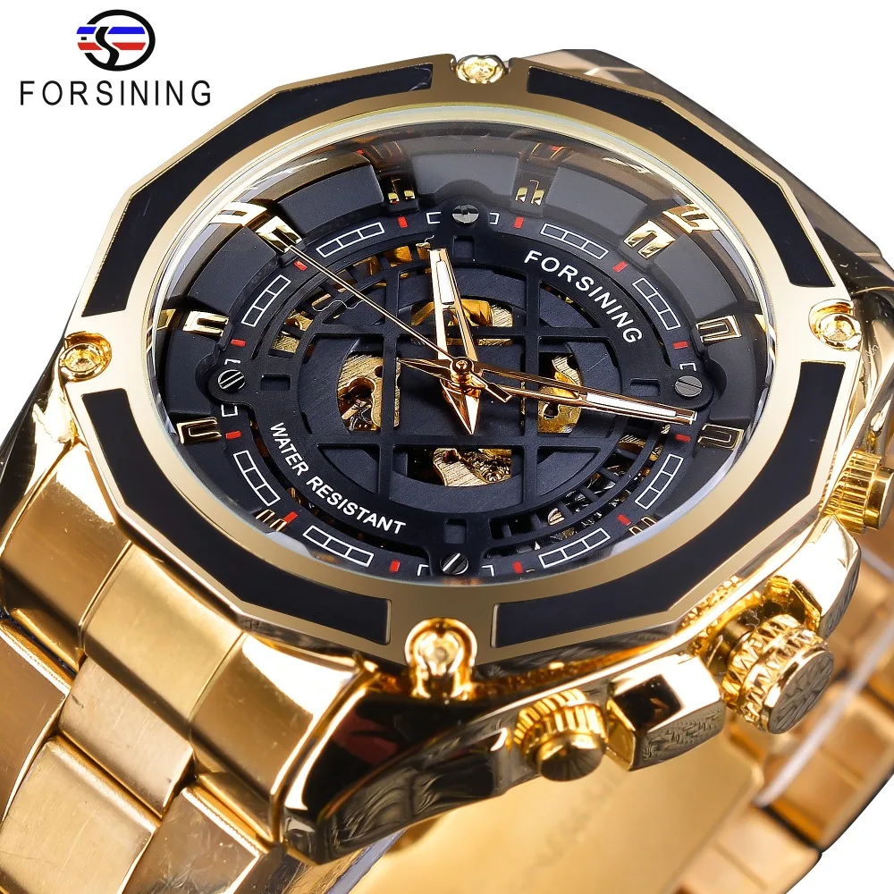 Forsining брендовые роскошные золотые мужские автоматические механические часы из нержавеющей стали деловые мужские часы с скелетом