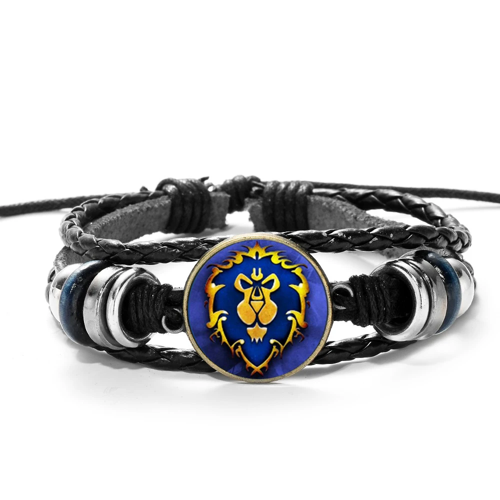 SONGDA Hot! Game World of Warcraft Leather Bracelet WOW Alliance Horde Banner Flag Symbol Charm Black Leather Bracelet Club Gift