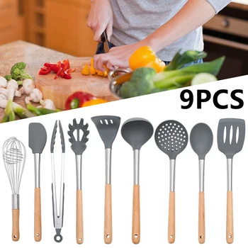 

9pcs Silicone Kitchen Cooking Utensils Set Non-stick Cookware Spatula Shovel Wooden Handle Cooking Tools Set Kitchen Tool