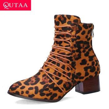 

QUTAA 2020 Square High Heel Round Toe Zipper Winter Leisure Women Shoes Elastic Band Flock Fashion Leopard Ankle Boots Size34-43