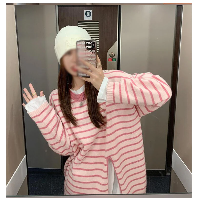 Пуловер-женский-в-розовую-полоску-мягкая-Свободная-верхняя-одежда-в-Корейском-стиле-удобный-трикотажный-топ-с-разрезом-Осень-зима