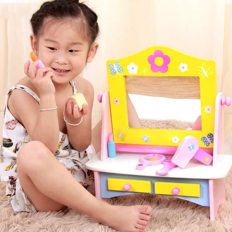 

Baby Girl Play Makeup Wooden Simulation Comb Mirror Dressing Table Makeup Toy Interactive Toys for Kids Birthday Boxed Gift