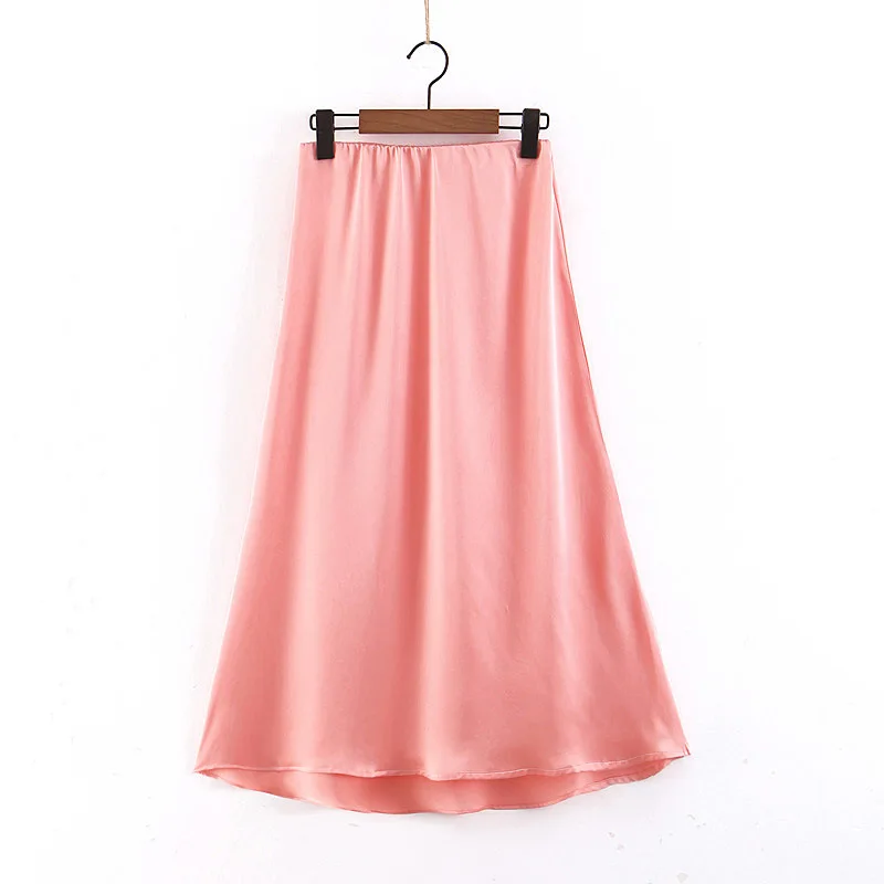 

2019 Spring Europe And America WOMEN'S Dress New Style Solid Color Silky Mid-length Skirt 2038