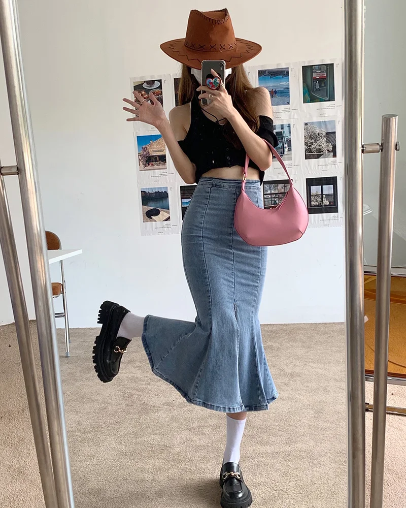 S-XL 2Colors Fish Tail Denim Skirt Women Mermaid Trumpet