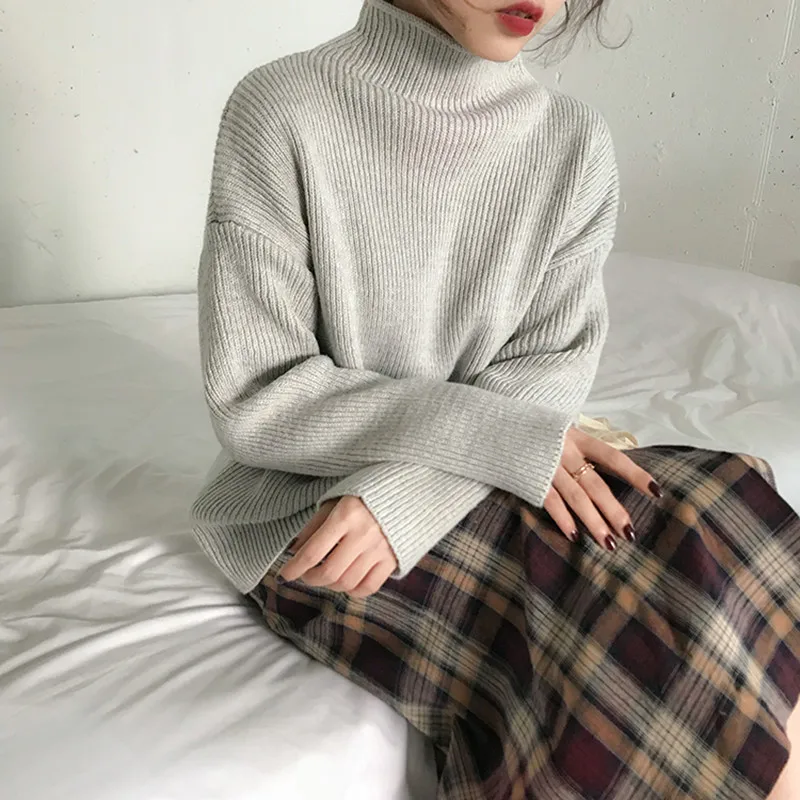 

5 colors 2019 autumn and winter breif style solid color turtleneck warm sweaters and pullovers womens