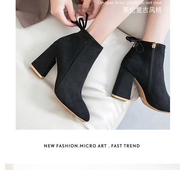 Hot Sale Women Boots Autumn Winter Flock Ankle Boots Female Square High Heels Shoes Woman Zipper Botas Zapatos Mujer