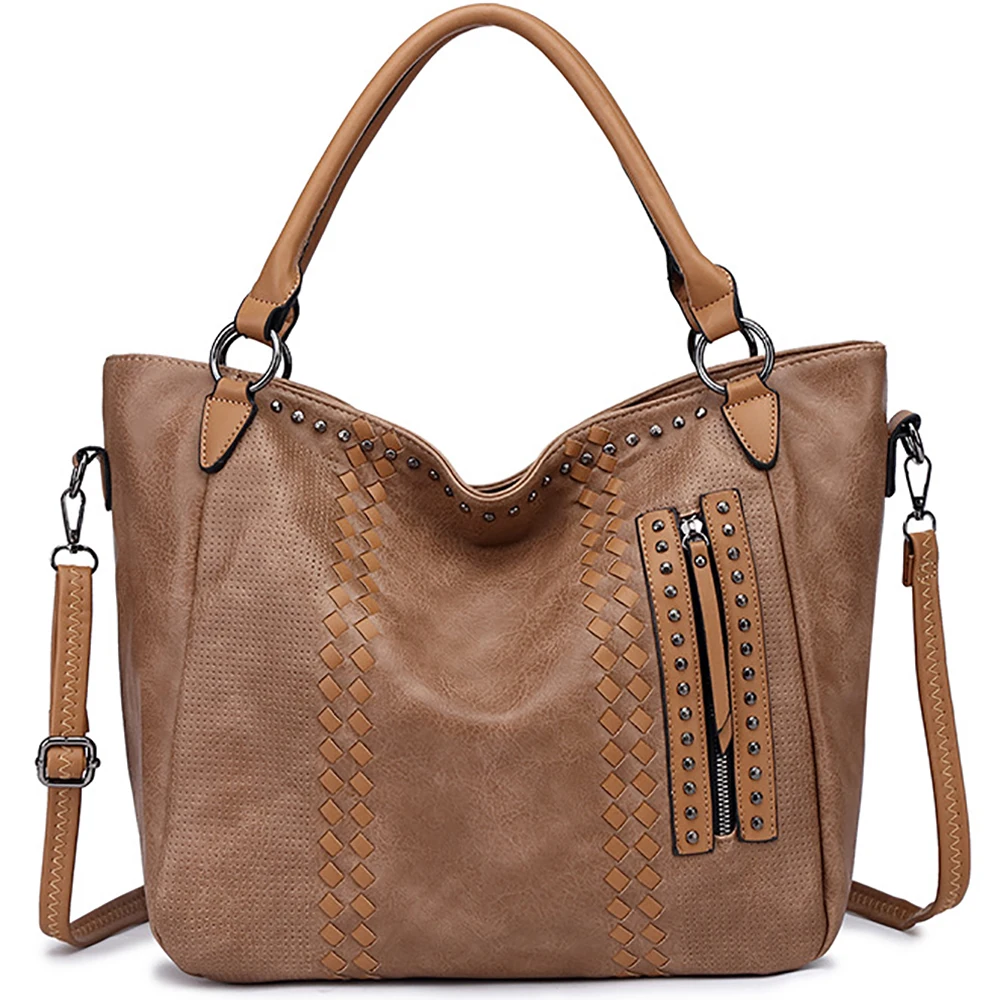 Women Brand Design Tote Handbags Female Fashion Rivet Shoulder Bag Weave Large Capacity Crossbody Bags For Ladies Free Shipping