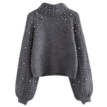

Women Knitted Sweaters With Pearls Fashion Casual Korean Style Female Long Sleeve Wrap Front Loose Pullover Jumper