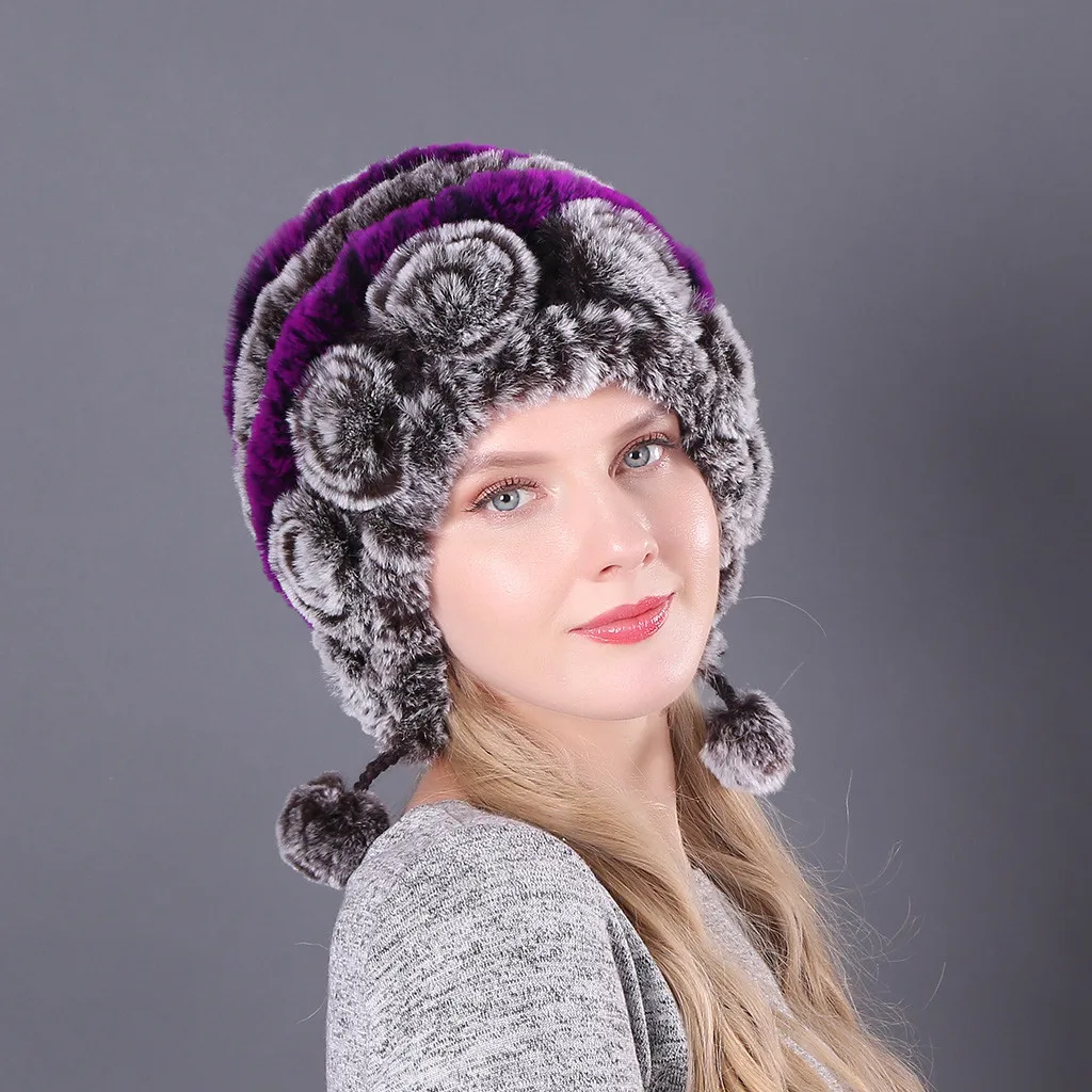 Новейшие женские меховые шапки с кроличьим мехом, женские осенне-зимние теплые шапки с цветочным узором, очаровательные шапки для писсуара, головной убор для девочек, 19Nov08