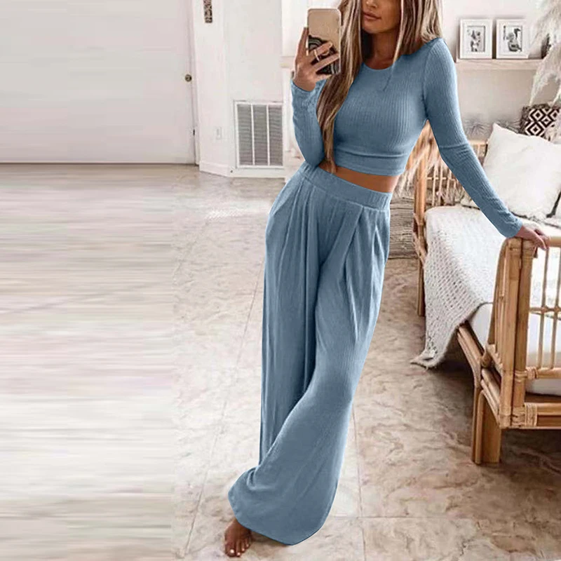 suit set Autumn Women's Solid Knitted Casual Home Wear Slim Tops Two-Piece Wide Leg Pants Set Ladies Clothes Winter Fashion Commuter Suit skirt suit set