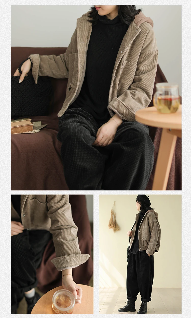 Winter jackets Women Retro Loose Thicker Corduroy Warm Coat New Hooded Button pocket Casual All-match jackets
