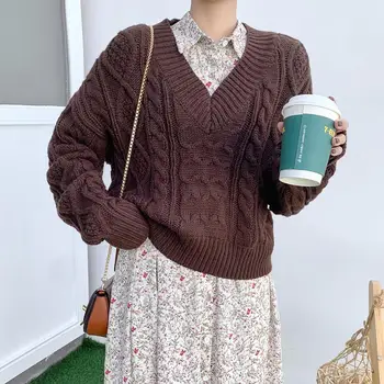 

Women's Spring Autumn Fashion Korea Version Solid Color Twist Pattern Lazy Style Knitted V-neck Casual Female Warm Sweater