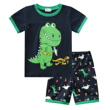 

Ins Popular Boy Print Dinosaur Pajamas Suit Nightwear Cotton Navy Blue Sleep Set Home Clothing Summer Kids Homewear Sleepwear