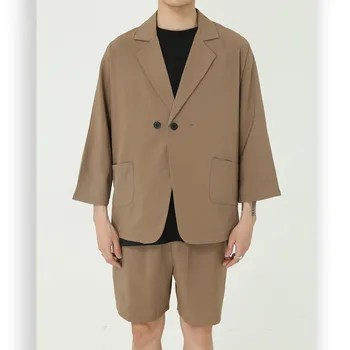 

Male Streetwear Vintage Fashion Loose Suits Men Summer New Casual 2 Pieces Suits Sets Jacket Elastic Waist Shorts