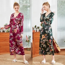 Новое модное сексуальное женское платье с принтом, одежда для сна с длинным рукавом, осенняя шелковая длинная юбка-Пижама, ночная рубашка