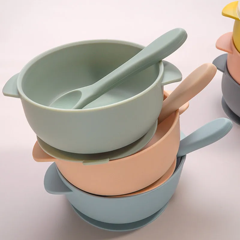 High Quality Silicone Baby Sucker Bowl With Lid BPA Free Waterproof Toddler Plate Set Portable Silicone Spoon For Kids 3