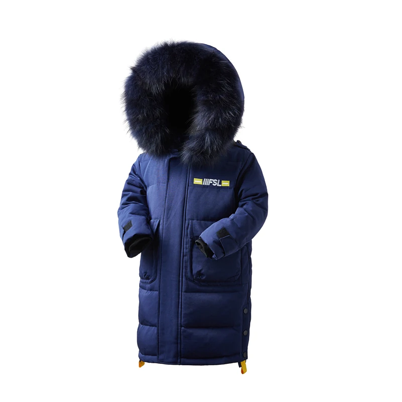 Коллекция года, брендовые Детские пуховики, теплые длинные парки для мальчиков, пальто с мехом для подростков, утепленная верхняя одежда для холодной зимы - Цвет: Синий