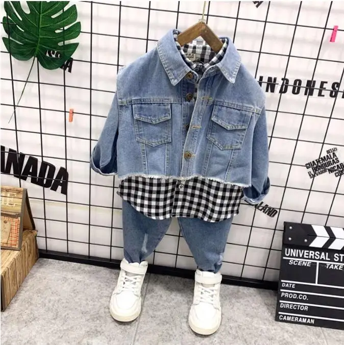 

Baby Boy Clothes Sports Suit Spring Autumn Children Clothing Kids Cowboy Vest + Plaid Shirt + Jeans 3pcs Baby Suit Girls Clothes
