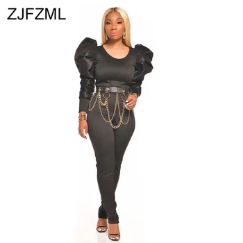 

Solid Color Elegant 2 Piece Matching Sets Autumn Women Clothing Long Puff Sleeve Crop Top Pencil Pant Plus Size Two Pcs Outfits