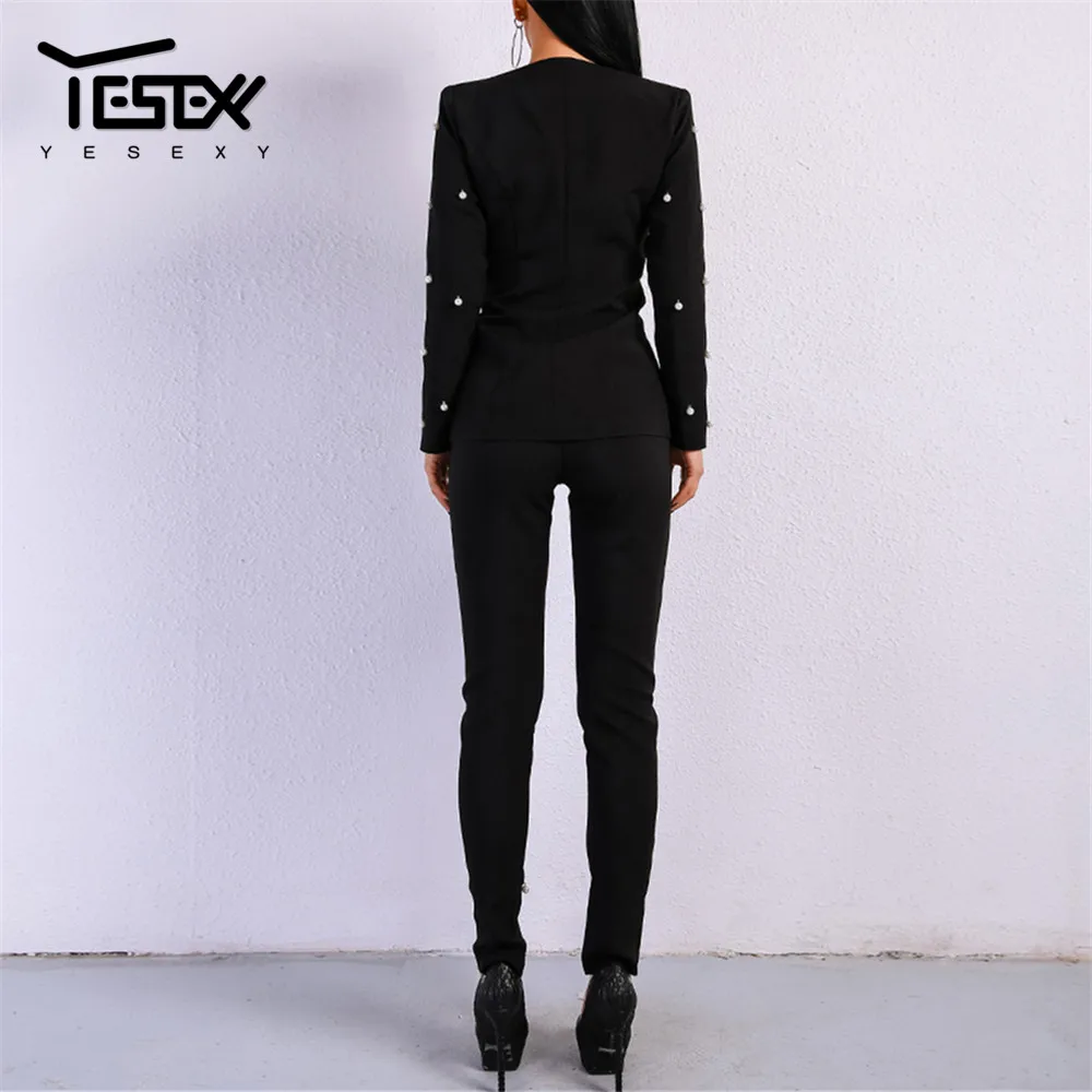 Yesexy/, сексуальный женский костюм с длинными рукавами и пуговицами, комплект из двух предметов, Одноцветный осенне-зимний женский блейзер с глубоким v-образным вырезом VR8720