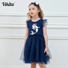 VIKITA; детское платье для девочек; Летнее Детское платье принцессы с юбкой-пачкой; хлопковое лоскутное платье с рисунком единорога и сердца с блестками