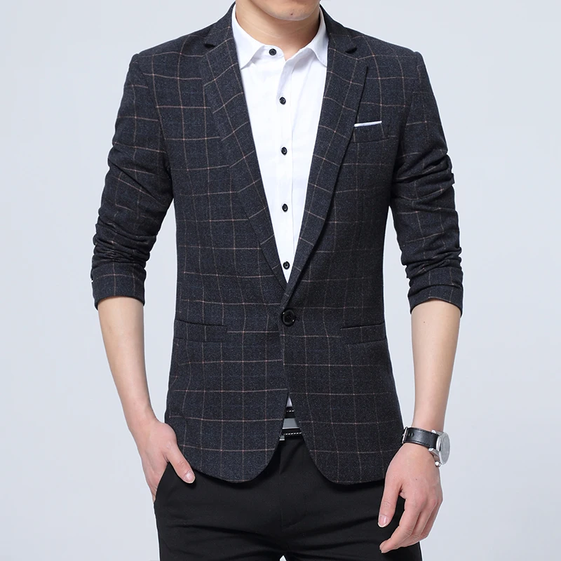Spring Autumn New Men's Blazer Plaid Suit High Quality Fashion Trendy Slim Suit Business Casual Single Button Jacket