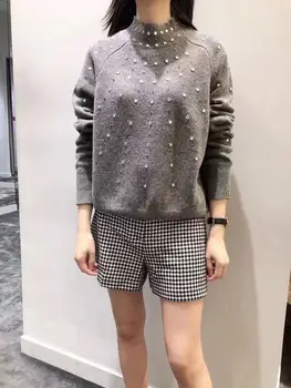 

Women Sweater 2019 Autumn and Winter New Gray High Collar Puff Sleeve Knit Sweater