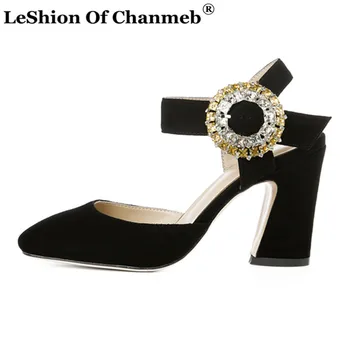 

High Quality Sheep Suede Sandals for Women Chunky Heels Close Toe Crystal Buckle Party Shoes Summer Ladies sandalias mujer 2020