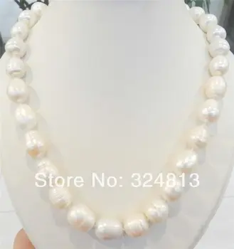 

free shipping BIG RICE SHAPE 12-13MM WHITE REAL NATURAL PEARL NECKLACE 17"
