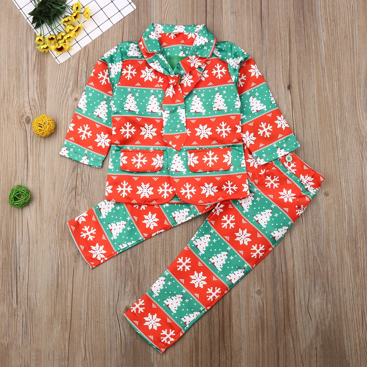 PUDCOCO Kids Baby Boy Christmas Formal Suit Blazer Jacket+Pants+Necktie Gentleman Set Christmas Boy Printed Suits