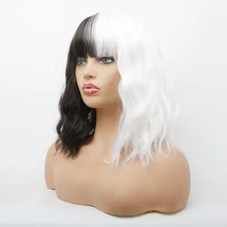 Preto e branco curto peruca de cabelo encaracolado peruca de cosplay preto e branco deville dalmations 33cm curto cabelo encaracolado mulher headwear