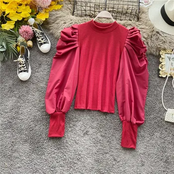 

2020 Spring Korean Fashion Puff Sleeve O Neck T Shirts Women Solid Color Patchwork Pleated Knit Tops Female Elegant Slim New