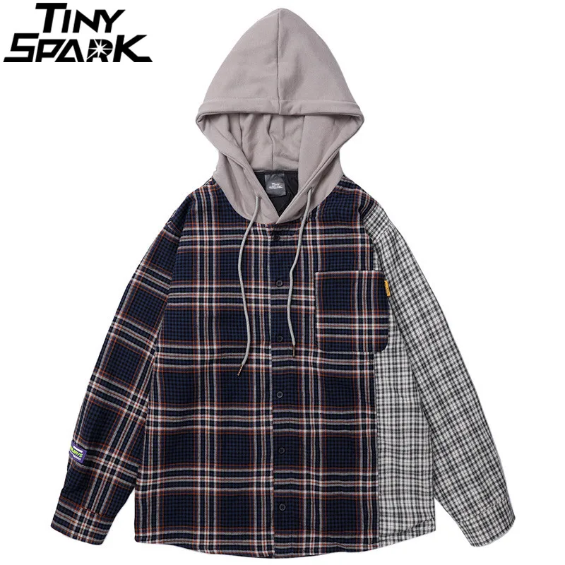 Men Hip Hop Hooded Jacket Vintage Plaid Patchowrk Harajuku Jacket Hoodie Color Block Streetwear Jackets Retro Style Autumn