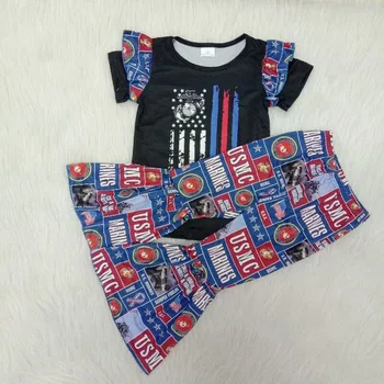 

Baby clothing sets U.S. Marines short sleeve shirt bell bottoms pants fashion girls kids RTS milk silk fabric outfits clothes