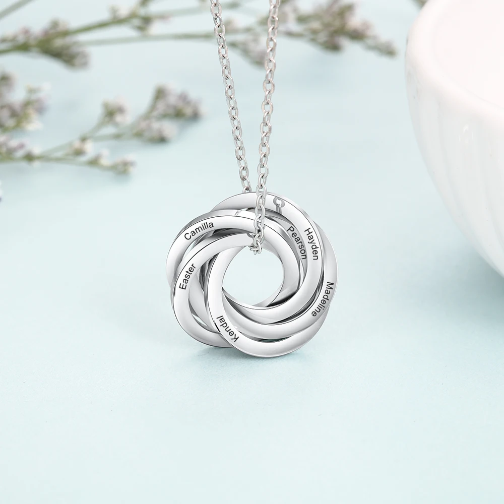 

Engraved Kids Name Necklace For Mom Personalized Custom 6 Circles Round Pendant Necklace Silver Color Chain Jewelry