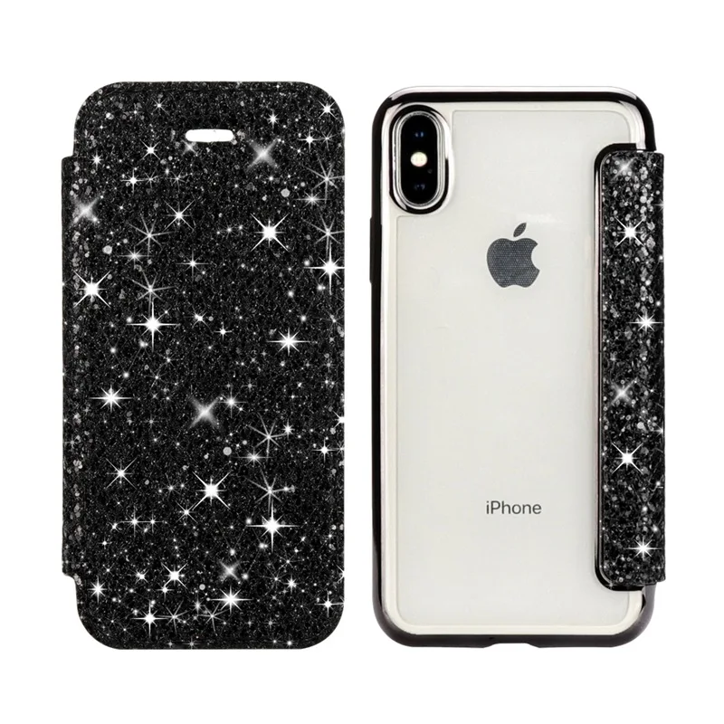 Блестящий блестящий чехол из тонкой кожи для iPhone X 8 7 6 6S Plus 5 5S SE, чехол для XS Max XR, прозрачный чехол-книжка из мягкого ТПУ для телефона - Цвет: Черный