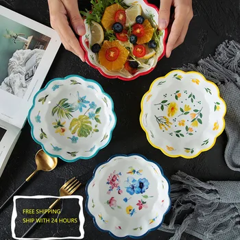 

1PC Ceramic Flower Petal Salad Dessert Plate Round Underglaze Color Fresh Nordic Style Home Kitchen Tableware Fruit Snack Bowl