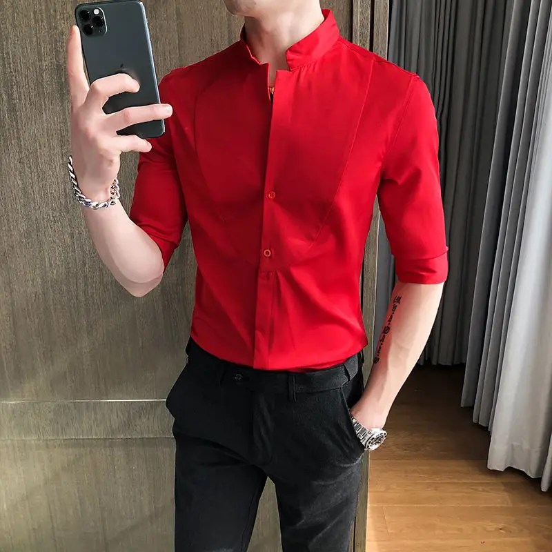 Men Shirts Social Boys Slim Summer Printed And Embroidered Short-sleeved For Solid Color Fashion Surprise Price | Мужская одежда