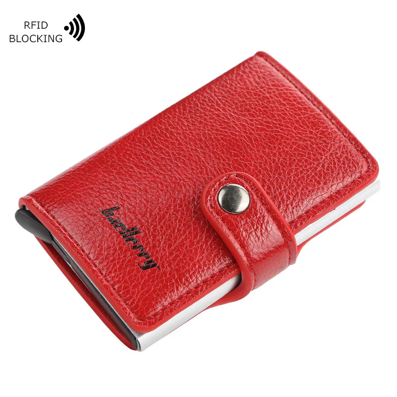 

Anti Rfid Protection ID Credit Card Holder Men Women Purse Wallet Metal Leather Aluminum Automatic Pop Up Business Card Case Red