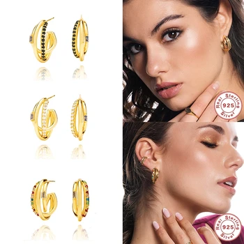 

100% Real 925 Sterling Silver Personalized Rainbow Zircon Crystal Punk Stud Earrings For Unisex Woman Girls Piercing Pendientes