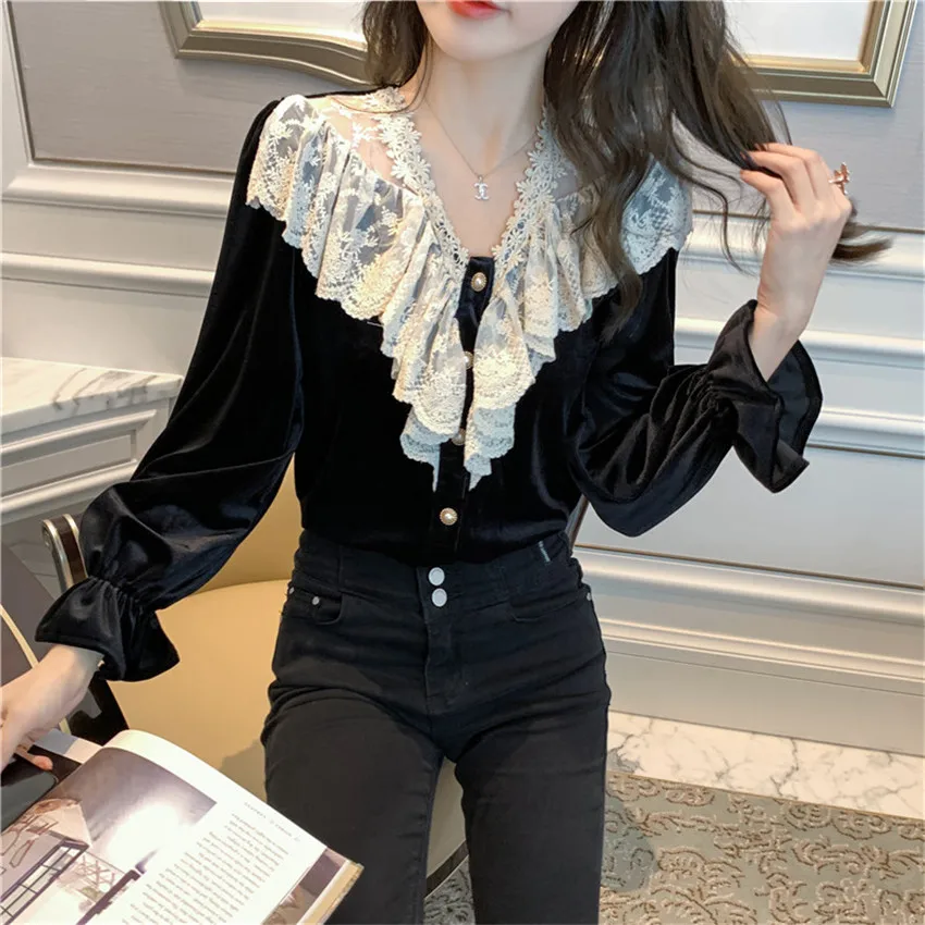 Camisas de terciopelo negro para otoño e invierno, Blusa elegante informal con botones de y volantes de encaje, Tops para mujer de talla grande - AliExpress Ropa de mujer