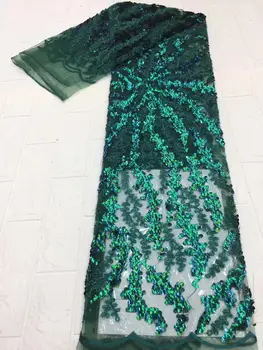 

(5yards/pc) High quality green African French net lace fabric fashion embroidered sequins tulle lace for party dress FZZ1022