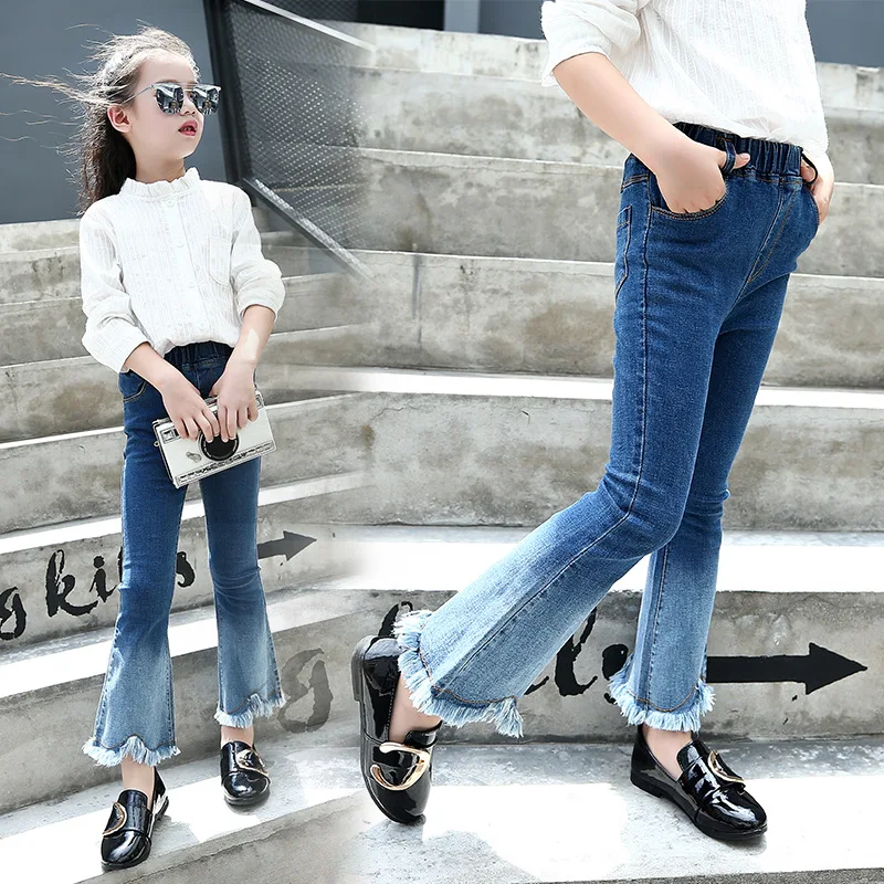 

Girls Cowboy Bell-bottom Pants 2018 New Style Korean-style Fashionable Tassels Trousers Children Spring And Autumn Slim Fit Elas