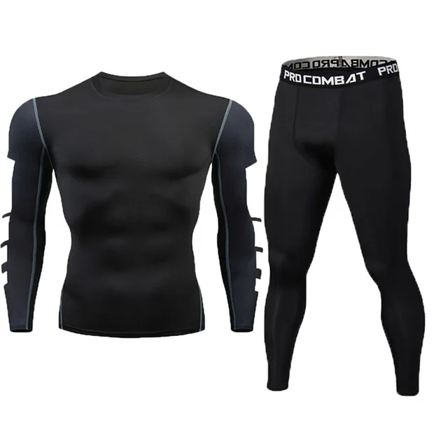 Брендовый мужской костюм для фитнеса, чистые черные колготки+ леггинсы, нижнее белье для спортзала, фитнеса, тренировок, дышащий спортивный костюм, одежда для бега - Цвет: 1