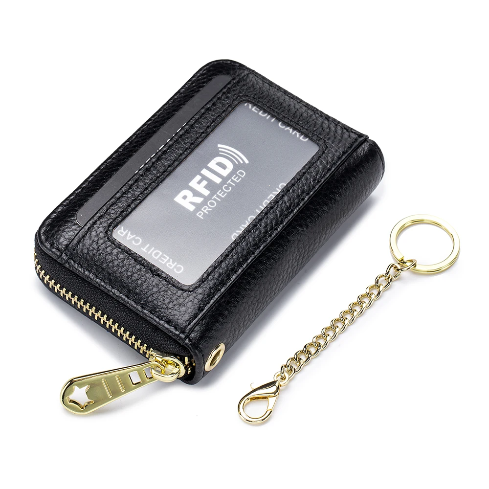 Genuine Leather Men Women Rfid Credit Card Holder Small Zipper