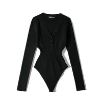 Summer one piece outfits for women sexy deep v neck bodysuit women bodycon bodysuit long sleeve button up bodysuit knitted - Image 6