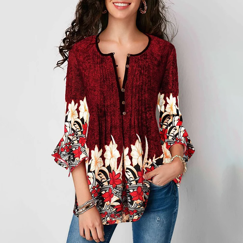 Большие размеры, женская летняя рубашка с цветочным принтом, с рукавом-бабочкой, v-образный вырез, винтажные женские блузки, облегающие, с цветочным рисунком, Boho, топы, blusas - Цвет: A4