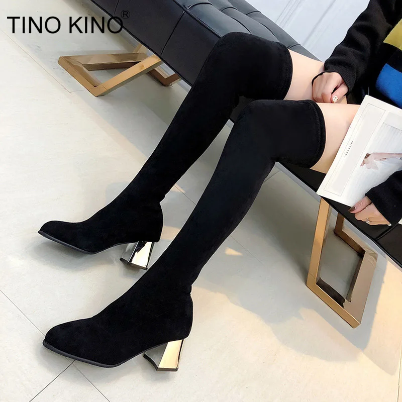 

TINO KINO New Women Over Knee High Boots Suede Woman Plus Size Ladies Slip On Square High Heels Sexy Female Thigh High Shoes